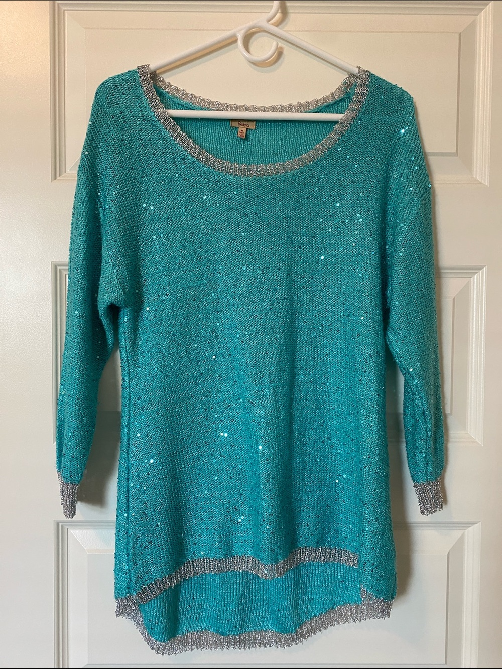 Reba Teal Sequin-Trim Knit Top with Silver Accents